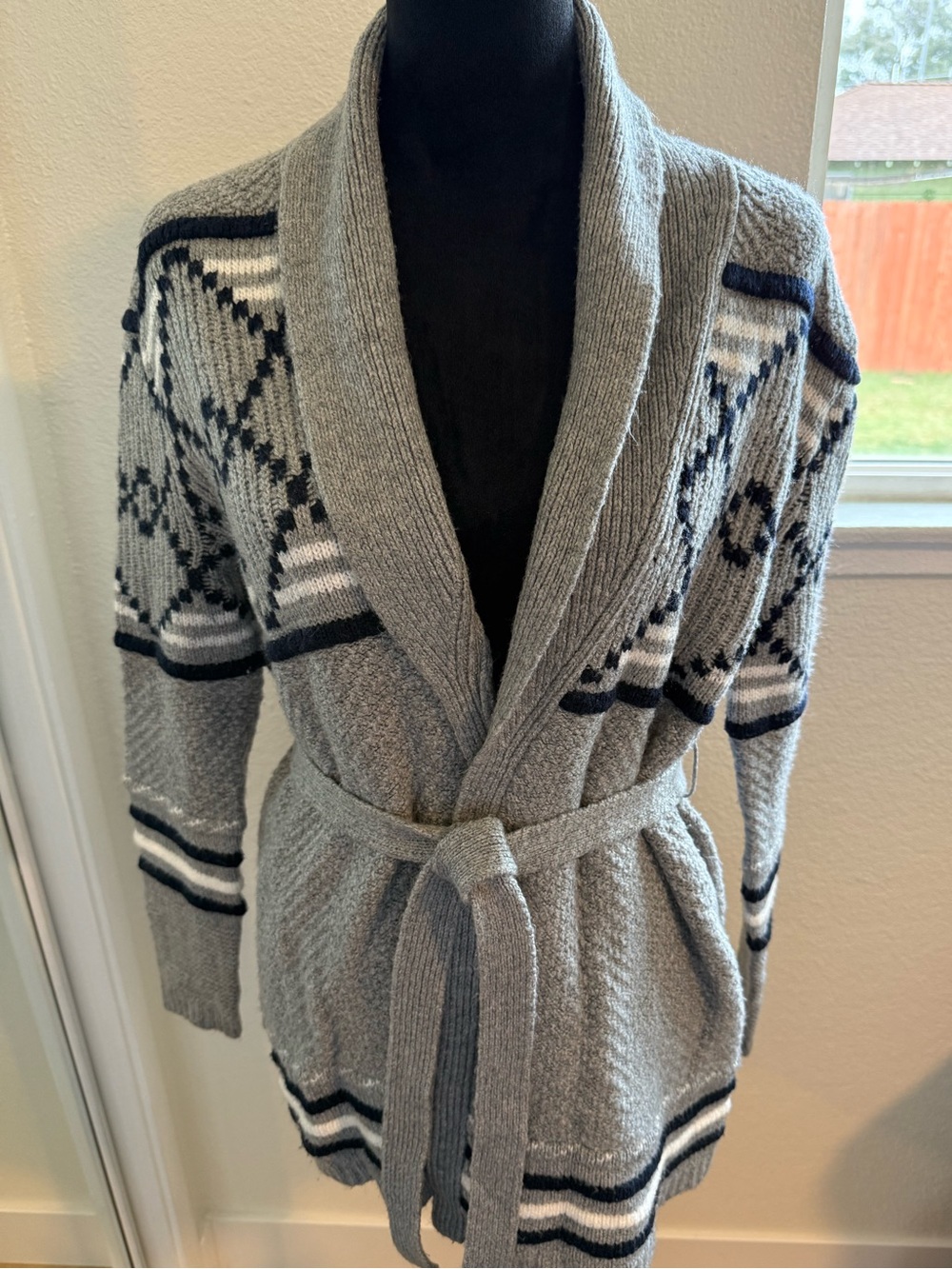 Merona Gray Belted Cardigan Sweater Tribal Aztec Print Shawl Collar Medium